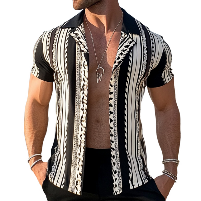 Men's Retro Stripe Print Shirt | Short Sleeve | Geometric Pattern | Lapel Collar | Lightweight Breathable Polyester | Casual Beachwear | Comfortable Fit | Sizes S to 3XL | Spring Summer Fashion
