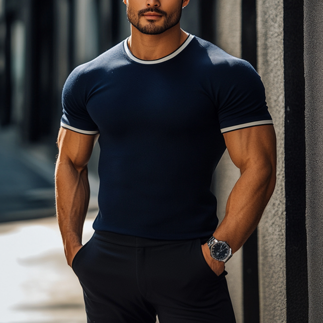 Men's Slim Fit Color Blocked Knitted Short Sleeve Sweater | Casual Round Neck Top | Soft Breathable Fabric | Modern Style | Versatile Layering | Easy Care | Multiple Sizes Available