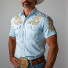 Men's Summer Cowboy Shirt | Embroidered Short Sleeve | Lightweight Cotton Blend | Casual Western Style | Button-Down | Breathable Fabric | Regular Fit | Versatile Men's Top