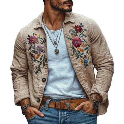 Men's Linen Shirt | Casual Long Sleeve | Embroidered Lapel | Loose Fit | Breathable Fabric | Button-Up | Lightweight | Versatile Styling | Multiple Sizes