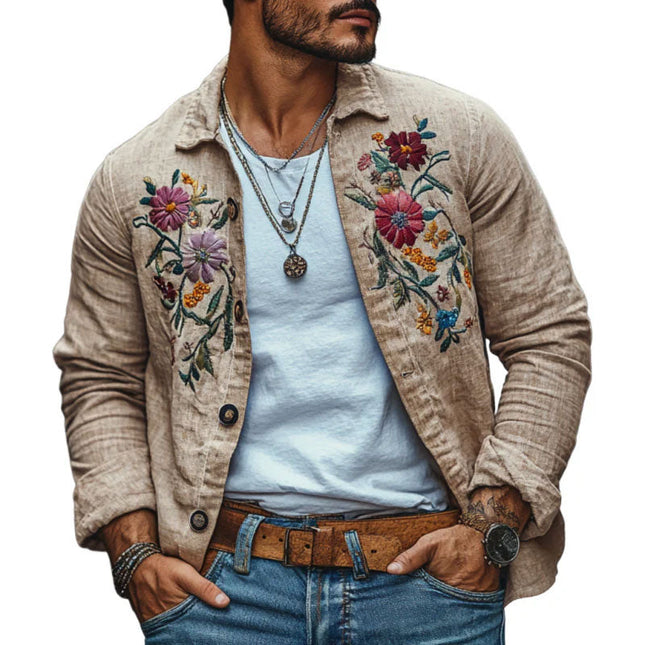 Men's Linen Shirt | Casual Long Sleeve | Embroidered Lapel | Loose Fit | Breathable Fabric | Button-Up | Lightweight | Versatile Styling | Multiple Sizes