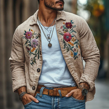 Men's Linen Shirt | Casual Long Sleeve | Embroidered Lapel | Loose Fit | Breathable Fabric | Button-Up | Lightweight | Versatile Styling | Multiple Sizes