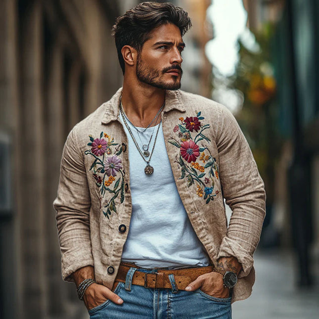 Men's Linen Shirt | Casual Long Sleeve | Embroidered Lapel | Loose Fit | Breathable Fabric | Button-Up | Lightweight | Versatile Styling | Multiple Sizes