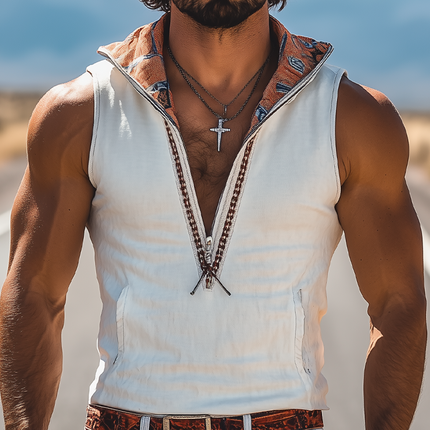 Men's Retro Western Cowboy Style Tank Top | Suede Hooded | Deep V-Neck | Printed Ribbon Accents | Sleeveless | Soft Faux Suede Texture | Spring and Summer Fashion