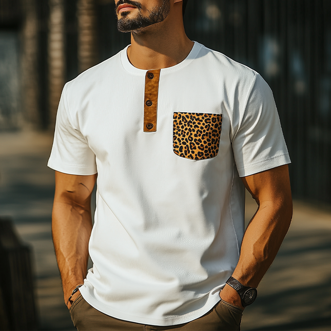 Men's Retro Western Cowboy T-Shirt | Spring Summer Fashion | Slim Fit Henley Collar | Leopard Print Cotton Blend | Short Sleeve | Chest Pocket