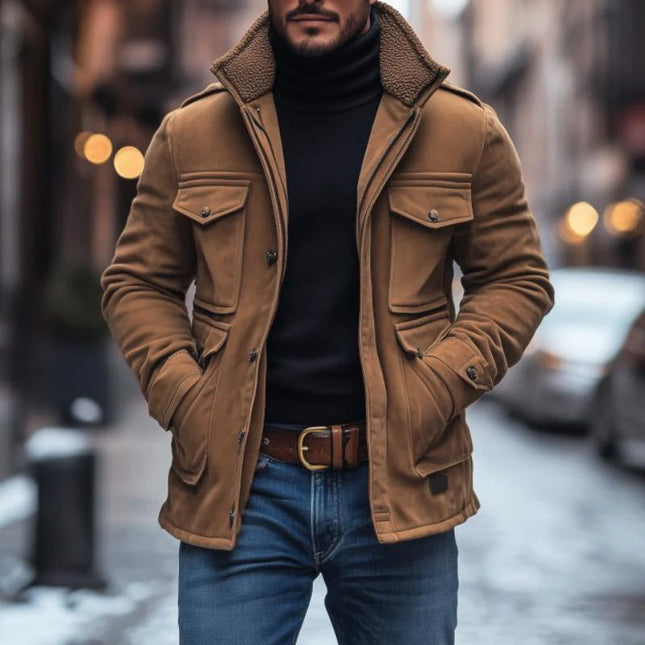 Men's Vintage Suede Coat | Fleece Collar | Patchwork Design | Multi-Pocket | Zipper Closure | Slim Fit | Warm Outerwear | Casual & Outdoor Style | Rugged & Stylish | Timeless Appeal | Versatile Comfort