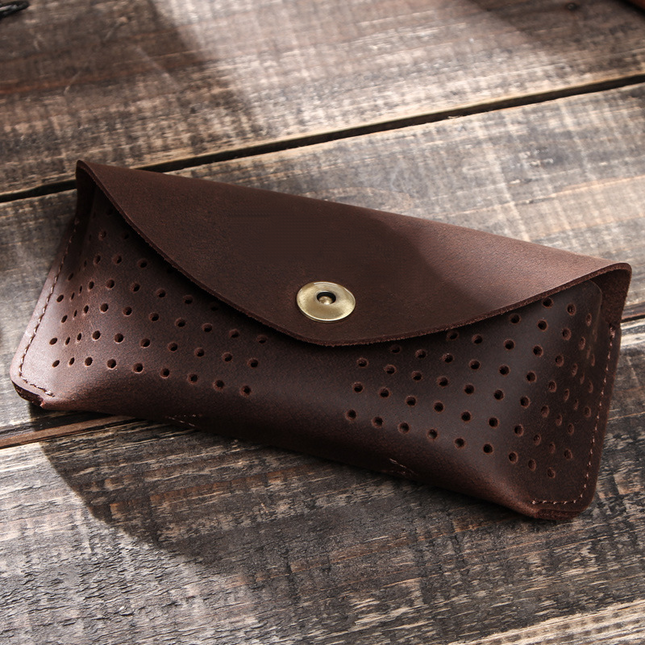 Men's Eyewear Storage Bag | Portable Top Layer Cowhide Case | Hollow Design | Lightweight & Durable | Secure Closure for Glasses & Sunglasses