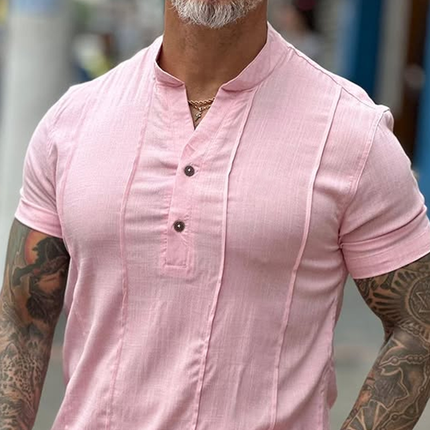 Men's Casual Shirt | Solid Cotton Linen Blend | Henley Collar | Short Sleeve | Breathable Lightweight Design | Button Placket | Regular Fit | Summer Outdoor Wear | Versatile and Comfortable