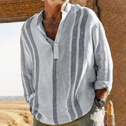 Men's V-neck Striped Cotton Linen Shirt | Loose Fit Casual Lapel | Lightweight Breathable Fabric | Stylish Print | Perfect for Spring Summer | Versatile Fashion Apparel | Classic Comfy Design