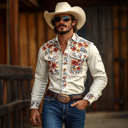 Men's Western Cowboy Embroidered Long Sleeve Cotton Shirt | Embroidered Lapel | Chest Pocket | Casual Regular Fit | Breathable Cotton | Versatile Layering Top | Classic Western Style Shirt