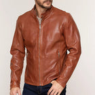 Men's Vintage Leather Jacket | Orange Snap Collar | Zipper Front | Retro Style | Long Sleeve | PU Leather | Side Pockets | Bold Statement Outerwear