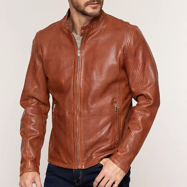 Men's Vintage Leather Jacket | Orange Snap Collar | Zipper Front | Retro Style | Long Sleeve | PU Leather | Side Pockets | Bold Statement Outerwear