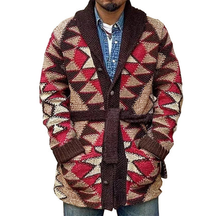 Men's Cardigan | Geometric Knitted Jacquard | Lace-up Closure | Versatile Jacket | Regular Fit | Stylish Outerwear | Dual Side Pockets | Comfort and Warmth | Fashionable | High-Quality Material