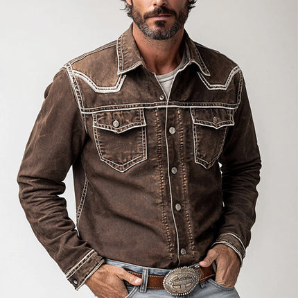 Men's Denim Shirt | Vintage Coffee Wash | Long Sleeve | Regular Fit | Classic Point Collar | Button-Up Front | Two Chest Pockets | Contrast Stitching | Machine Washable | Durable | Casual & Dress Styling