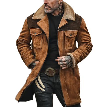 Men's Suede & Polar Fleece Colorblock Coat | Mid-Length Lapel Jacket | Regular Fit | Warm Winter Outerwear | Long Sleeve | Button Closure | Casual & Semi-Formal Wear | Pockets