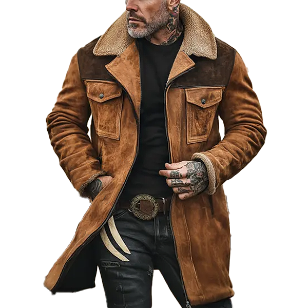 Men's Suede & Polar Fleece Colorblock Coat | Mid-Length Lapel Jacket | Regular Fit | Warm Winter Outerwear | Long Sleeve | Button Closure | Casual & Semi-Formal Wear | Pockets
