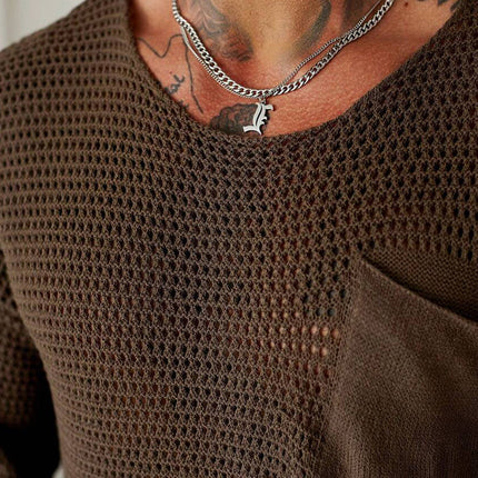 Men's Short Sleeve Sweater | Loose Fit | Knitted Texture | Crew Neck | Chest Pocket | Casual Style | Breathable Material | Comfortable | Ideal for Layering | Stylish and Functional