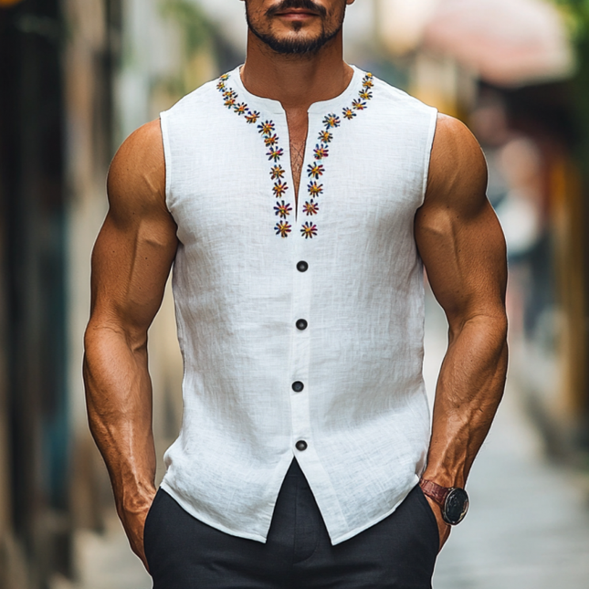 Men's Slim Fit Sleeveless Shirt | Daisy Embroidery | Breathable Linen | Round Neck | Casual Summer Top | Lightweight & Comfortable | Ideal for Outdoor & Beach Wear | Stylish Floral Fashion | Easy Care