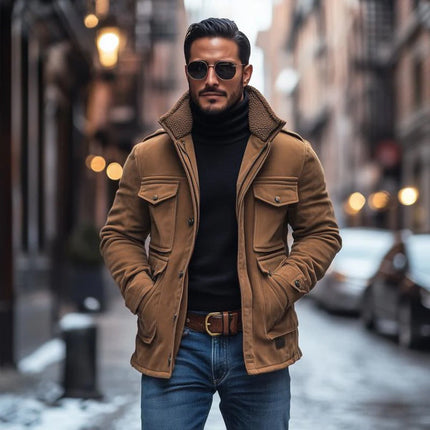 Men's Vintage Suede Coat | Fleece Collar | Patchwork Design | Multi-Pocket | Zipper Closure | Slim Fit | Warm Outerwear | Casual & Outdoor Style | Rugged & Stylish | Timeless Appeal | Versatile Comfort