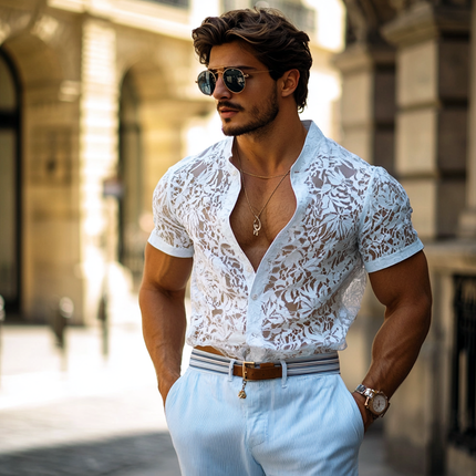 Men's Casual Shirt | Short Sleeve | Stand Collar with Lace Detail | Breathable Fabric | Button-Front | Elegant Design | Perfect for Casual Outings & Social Events | Comfort Fit | Stylish Weekend Wear