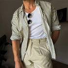 Men's Long Sleeve Shirt | Green Vertical Stripes | Button-Down Collar | Cotton Blend | Casual to Semi-Formal | Regular Fit | Adjustable Cuffs | Machine Washable