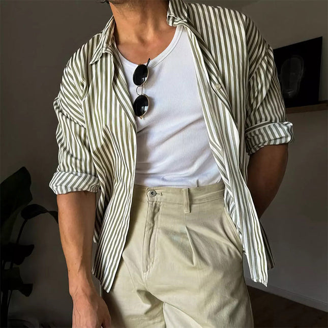 Men's Long Sleeve Shirt | Green Vertical Stripes | Button-Down Collar | Cotton Blend | Casual to Semi-Formal | Regular Fit | Adjustable Cuffs | Machine Washable