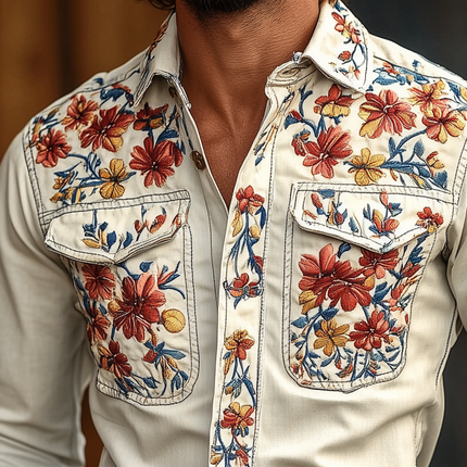 Men's Western Cowboy Embroidered Long Sleeve Cotton Shirt | Embroidered Lapel | Chest Pocket | Casual Regular Fit | Breathable Cotton | Versatile Layering Top | Classic Western Style Shirt