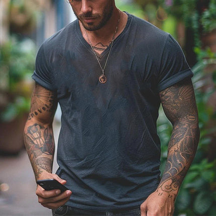 Men's Vintage-Inspired Distressed T-Shirt | V-Neck | Short Sleeve | Casual Style | Soft Fabric Blend | Comfortable Fit | Available in Multiple Sizes | Perfect for Layering or Standalone Wear