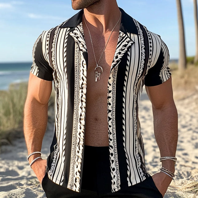 Men's Retro Stripe Print Shirt | Short Sleeve | Geometric Pattern | Lapel Collar | Lightweight Breathable Polyester | Casual Beachwear | Comfortable Fit | Sizes S to 3XL | Spring Summer Fashion