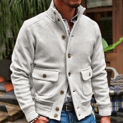 Men's Stand Collar Polyester Jacket | Solid Color | Single-breasted | Two Flap Waist Pockets | Machine Washable | Autumn Winter Spring | Street Beat Casual Biker Style