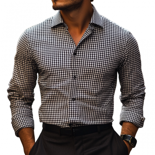 Men's Vintage Houndstooth Slim Fit Long Sleeve Shirt | Retro Jacquard Pattern | Elegant Lapel Collar | Classic Dress Shirt | Modern Tailored Fit | Sophisticated Style | Men's Fashion Top
