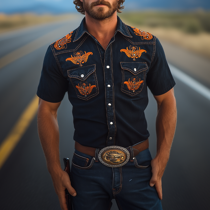 Men's Denim Shirt | Retro Western Cowboy Style | Slim Fit | Short Sleeve | Washed Denim | Embroidery Details | Metal Button Closure | Spring and Summer Fashion | Casual Versatile Shirt