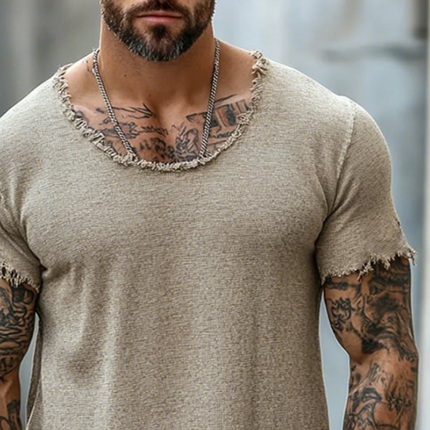Men's Retro T-Shirt | Casual Raw Edge Ripped | Round Neck | Short Sleeve | Vintage Style | Soft Cotton Blend | Breathable | Versatile Fit | Multiple Sizes | Ideal for Everyday Wear | Spring Summer Fashion