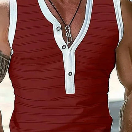 Men's Slim Fit Tank Top | Striped Henley Collar | Sleeveless Cotton Blend | Casual Versatile Design | Light Comfortable Breathable | Durable Well-Made | Easy Care | Range of Sizes Available