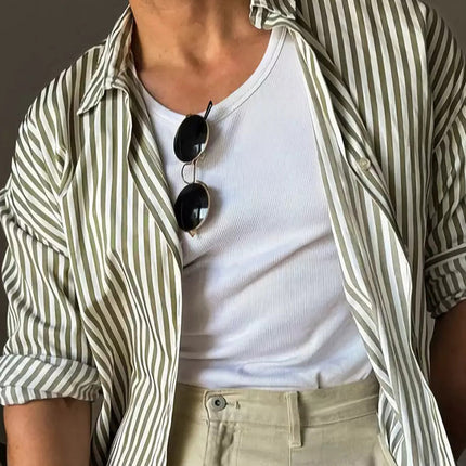 Men's Long Sleeve Shirt | Green Vertical Stripes | Button-Down Collar | Cotton Blend | Casual to Semi-Formal | Regular Fit | Adjustable Cuffs | Machine Washable