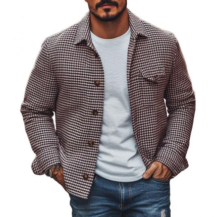 Men's Houndstooth Shirt Jacket | Vintage Lapel Design | Single Breasted Closure | Classic Outerwear | Versatile Layering | Stylish and Practical | Casual & Semi-Formal Wear | Comfortable Fit | Functional Pockets