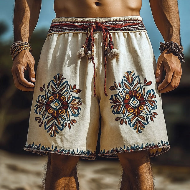 Men's Retro Summer Shorts | Cotton Linen Blend | Embroidered Design | Relaxed Fit | Adjustable Drawstring | Breathable Fabric | Casual Vintage Style | Multiple Sizes Available