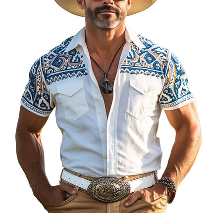 Men's Button-Down Shirt | Western Cowboy Style | Aztec Print | Short Sleeve | Relaxed Fit | Breathable Cotton Blend | Classic Lapel Collar | Bold Southwestern Design | Summer | Music Festivals | Casual Outings