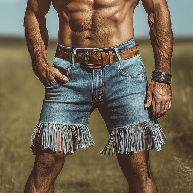 Men's Vintage Denim Fringe Shorts | Western Cowboy Style | Classic Fit | Durable Fabric | Fringe Detailing | Deep Pockets | Zipper Fly | Button Closure | Machine Washable | Casual Festival Wear