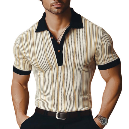 Men's Polo Neck T-Shirt | Vertical Striped | Knitted Fabric | Summer Classic | Tailored Fit | Short Sleeve | Sizes S-3XL | Breathable & Machine Washable | Casual & Smart-Casual Apparel