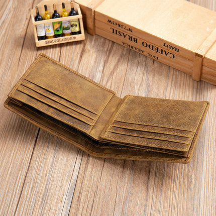 Men's Bi-Fold Wallet | Vintage Top Layer Cowhide Leather | Compact Short Design | Multiple Card Slots | Classic Stitching | Rich Patina Finish | Sleek Brown, Black, Tan | Durable & Stylish Accessory