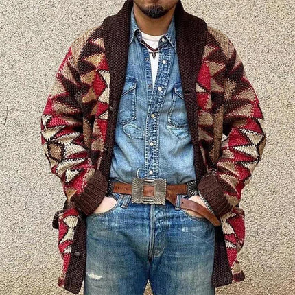 Men's Cardigan | Geometric Knitted Jacquard | Lace-up Closure | Versatile Jacket | Regular Fit | Stylish Outerwear | Dual Side Pockets | Comfort and Warmth | Fashionable | High-Quality Material