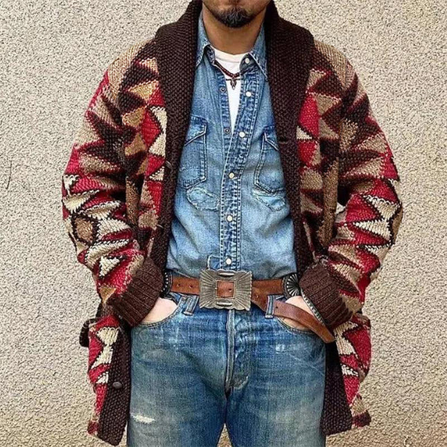 Men's Cardigan | Geometric Knitted Jacquard | Lace-up Closure | Versatile Jacket | Regular Fit | Stylish Outerwear | Dual Side Pockets | Comfort and Warmth | Fashionable | High-Quality Material