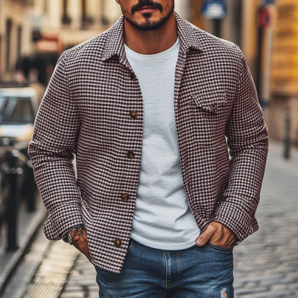 Men's Houndstooth Shirt Jacket | Vintage Lapel Design | Single Breasted Closure | Classic Outerwear | Versatile Layering | Stylish and Practical | Casual & Semi-Formal Wear | Comfortable Fit | Functional Pockets