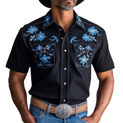 Men's Floral Embroidery Short Sleeve Shirt | Western Style | Summer Fashion Blended Fabric | Elegant & Comfortable | Tailored Fit | Versatile Design
