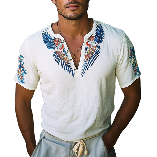 Men's V-Neck T-Shirt | Exquisite Embroidery | Short Sleeve | Soft Cotton Blend | Summer Casual Wear | Elegant Design | Breathable Fabric | Comfortable Fit | Sizes S to 3XL | Refined Detailing