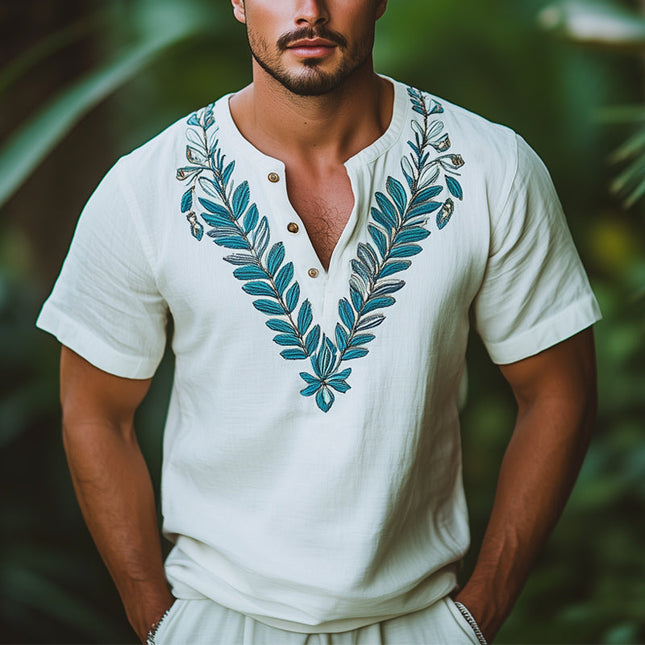 Men's V-Neck Leaf Embroidery Short Sleeve T-Shirt | Summer Casual Cotton Blend | Relaxed Fit | Nature-Inspired Design | Comfort & Style | Machine Washable