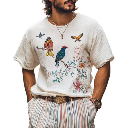 Men's Embroidered Round Neck T-Shirt | Cotton Linen Blend | Short Sleeve Casual Top | Breathable Elegant Design