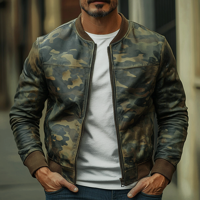 Men's Leather Jacket | Casual Camouflage | Baseball Style | Premium Material | Classic Collar | Full Zipper | Long Sleeves | Functional Pockets | Urban Fashion | Versatile Wardrobe Essential