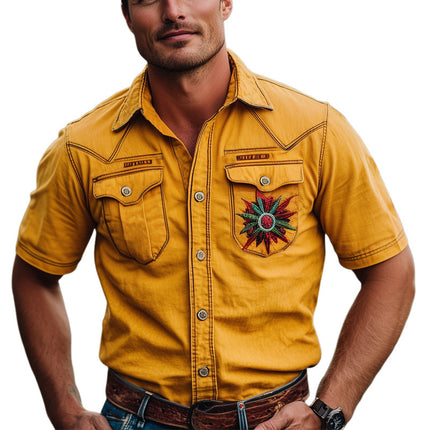 Men's Summer Shirt | Yellow Embroidered Short Sleeve | Lightweight Cotton | Classic Collar | Casual Slim Fit | S-3XL Available | Bright Fashion for Parties & Vacations